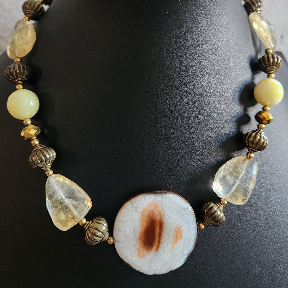 Vtg Tibetan Agate Slice Citrine Beaded Necklace